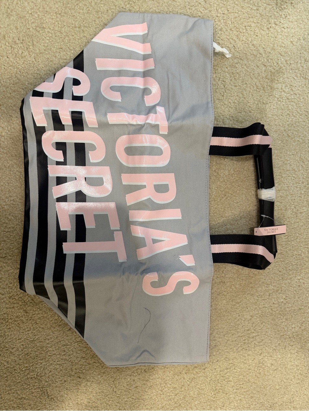 Victoria's Secret Gray and Pink Stripe Logo Tote